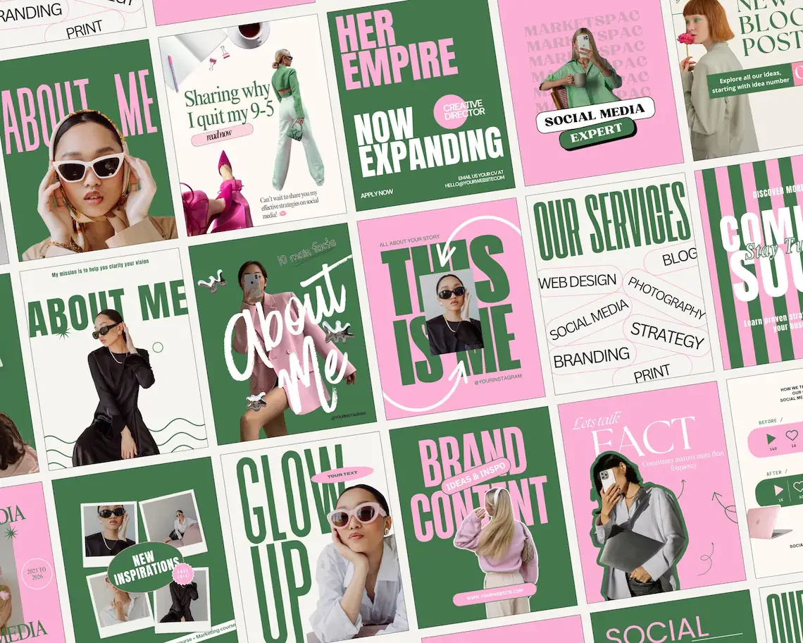 Collage of social media and branding graphics featuring women, with text about expanding her empire, about me, tips, services offered, brand content, and facts, using pink, green, and white colors.
