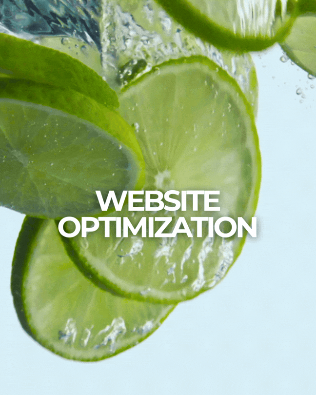 Close-up of sliced lime and mint leaves with water splash and bubbles in the background, overlaid with the text 'Website Optimization'.