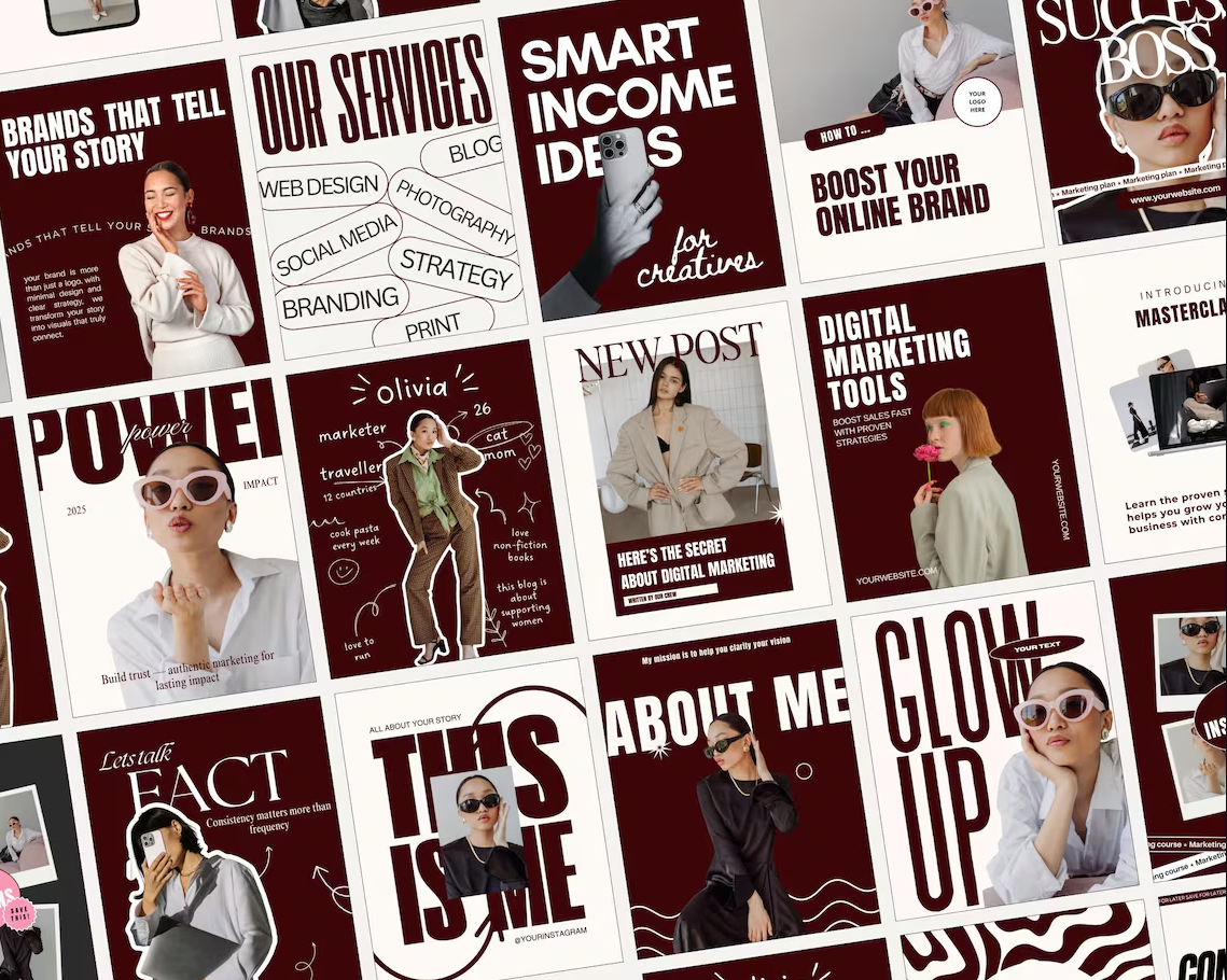 A collage of social media and marketing-related images and graphics, featuring women posing, text overlays about digital marketing services, strategies, and branding, with a red and white color scheme.