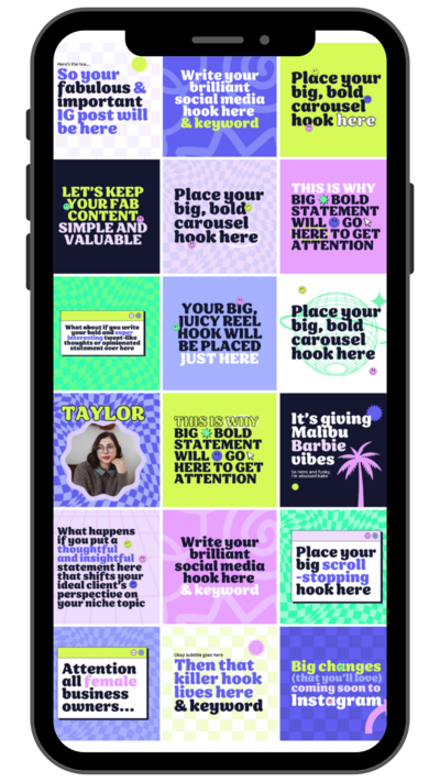 A colorful collage of promotional and instructional social media content templates with text hints for crafting engaging posts, including tips for writing, using hooks and keywords, and placing big, bold carousels.