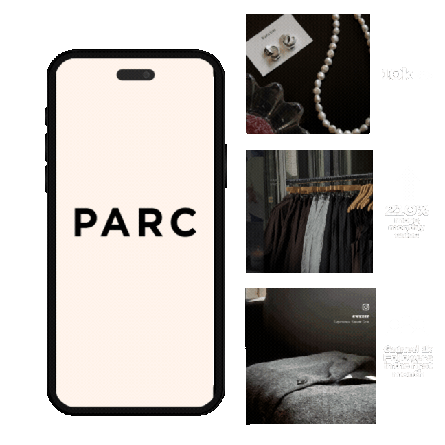 Smartphone screen displaying the word "PARC" with three inset images showing jewelry, clothing, and a bed with a blanket, along with social media statistics and growth indicators.