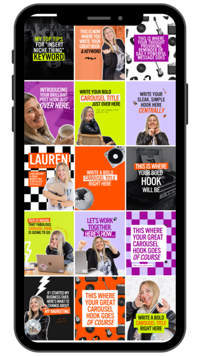 A collage of colorful social media or presentation slides featuring tips, quotes, and titles related to carousel hooks, content creation, and marketing strategies, with images of women and design elements.