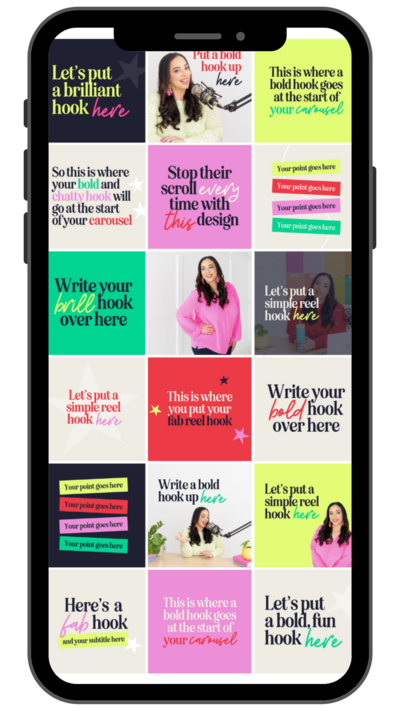A smartphone screen displaying a colorful collage of social media post templates with spray paint-themed hair. The templates contain crafting tips related to hooks and DIY projects, with various background colors and text styles.