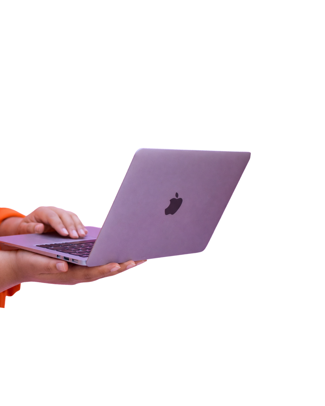 Person holding an open silver MacBook laptop with Apple logo exposed.