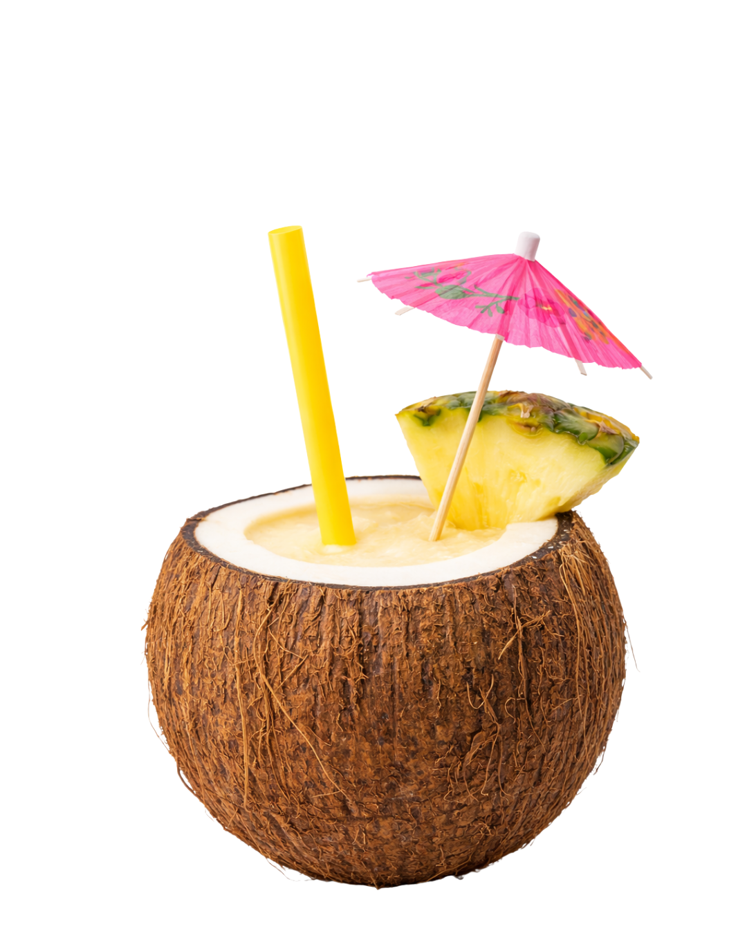 Coconut drink with yellow straw, pink paper umbrella, and pineapple wedge.