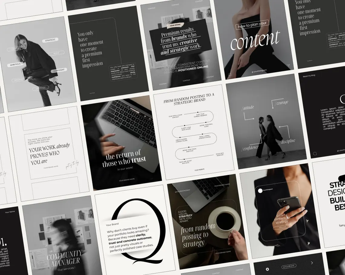 Collage of black and white business presentation slides featuring themes of branding, strategic marketing, content creation, and online presence with images of women, laptops, and smartphones.