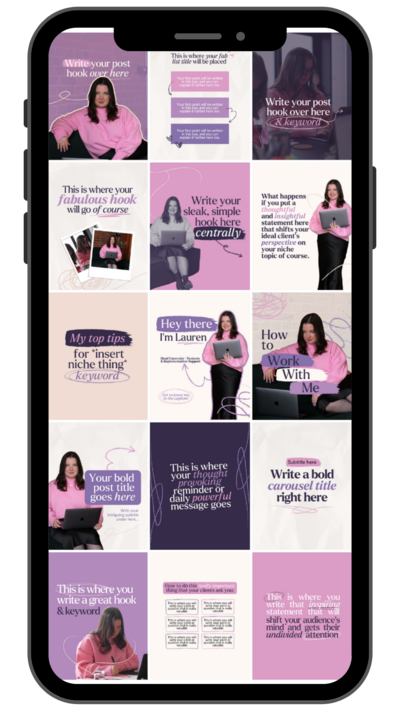 A collage of social media post templates on a smartphone screen, featuring a woman in a pink sweater and black pants, with text prompts about writing and social media tips in purple, black, and white, including images of her sitting, standing, and working on a laptop.