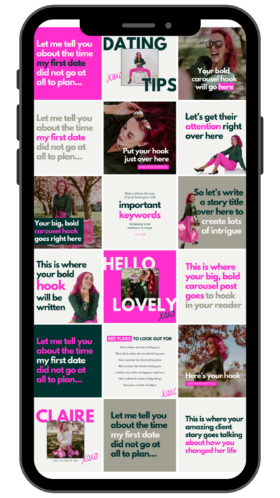 A phone screen displaying a collage of dating tips and motivational quotes, featuring photos of women, colorful text blocks, and headings like "Dating Tips," "HELLO LOVELY," and "Here's your hook."