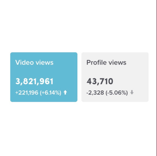 Digital dashboard showing video views at 3,821,961 with a 6.14% increase, and profile views at 43,710 with a 5.06% decrease.