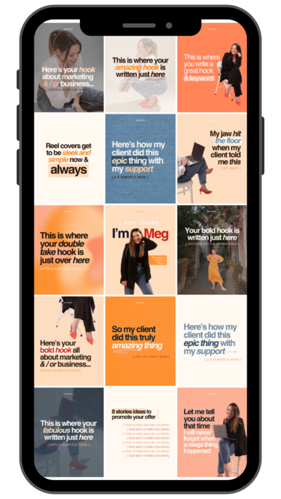 Instagram mobile screen displaying a grid of marketing and business-related quotes, images of women, and promotional messages in orange, blue, black, and white colors.