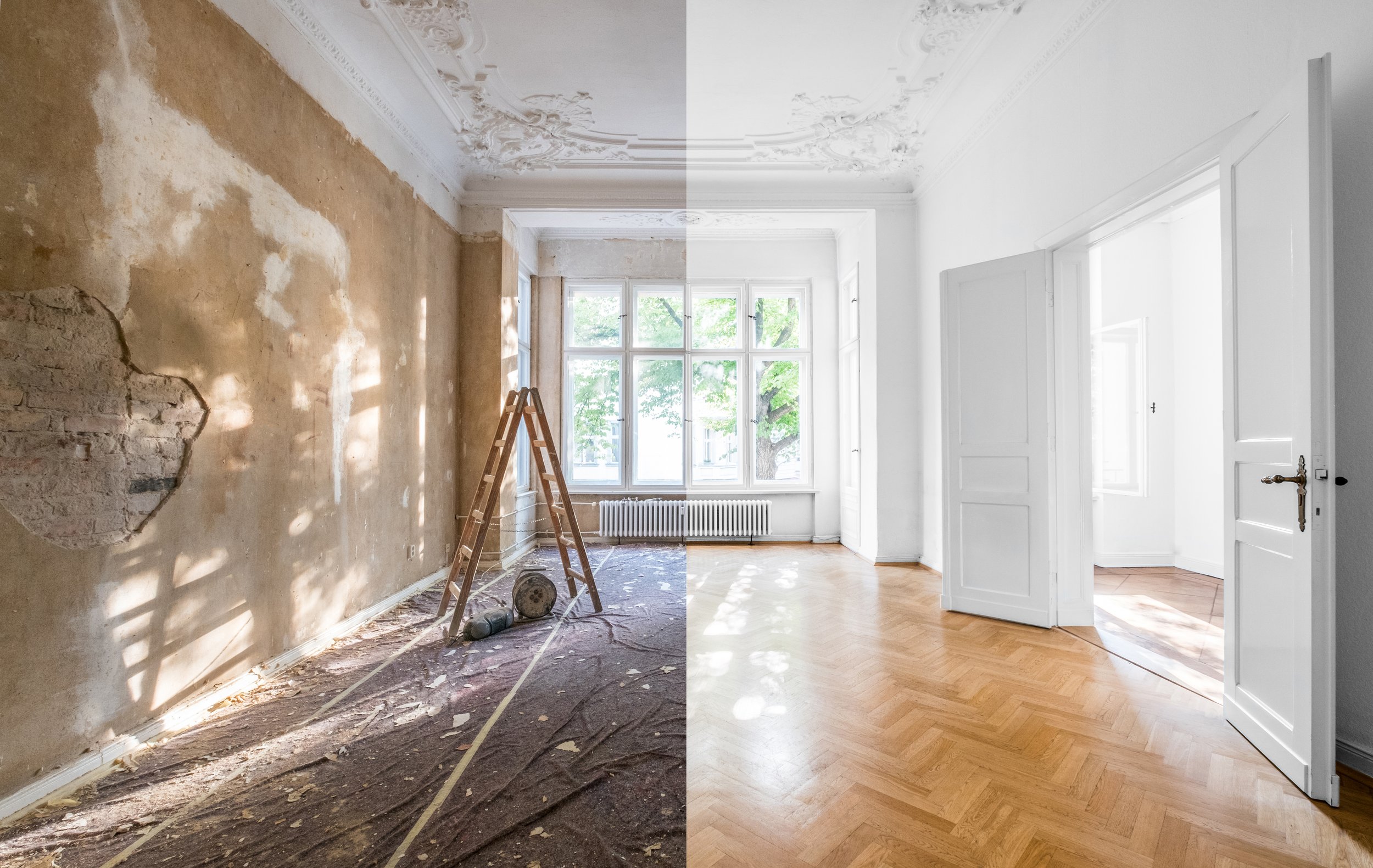 Before and after photos of a room renovation, showing one side with worn wall, peeling paint, and renovation tools, and the other side with freshly painted white walls and new hardwood flooring.