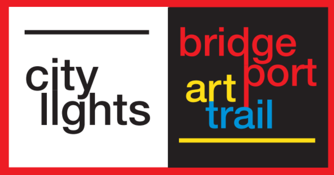 City Lights/ Bridgeport Art Trail 2021 Logo . Red Box with words on each side. 