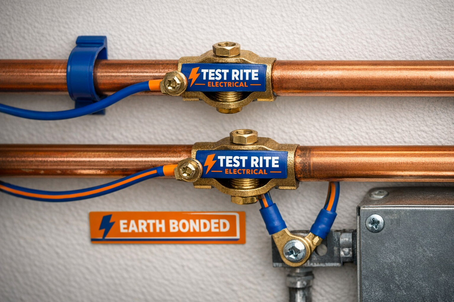 Close-up of a copper pipe with two test rate electrical connectors attached, mounted on a white wall, with an orange 'Earth Bonded' sign below.