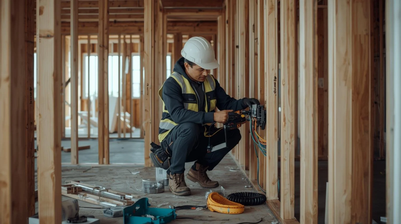 A construction worker in a hard hat and reflective vest crouching and working on electrical wiring inside a wooden framing structure.