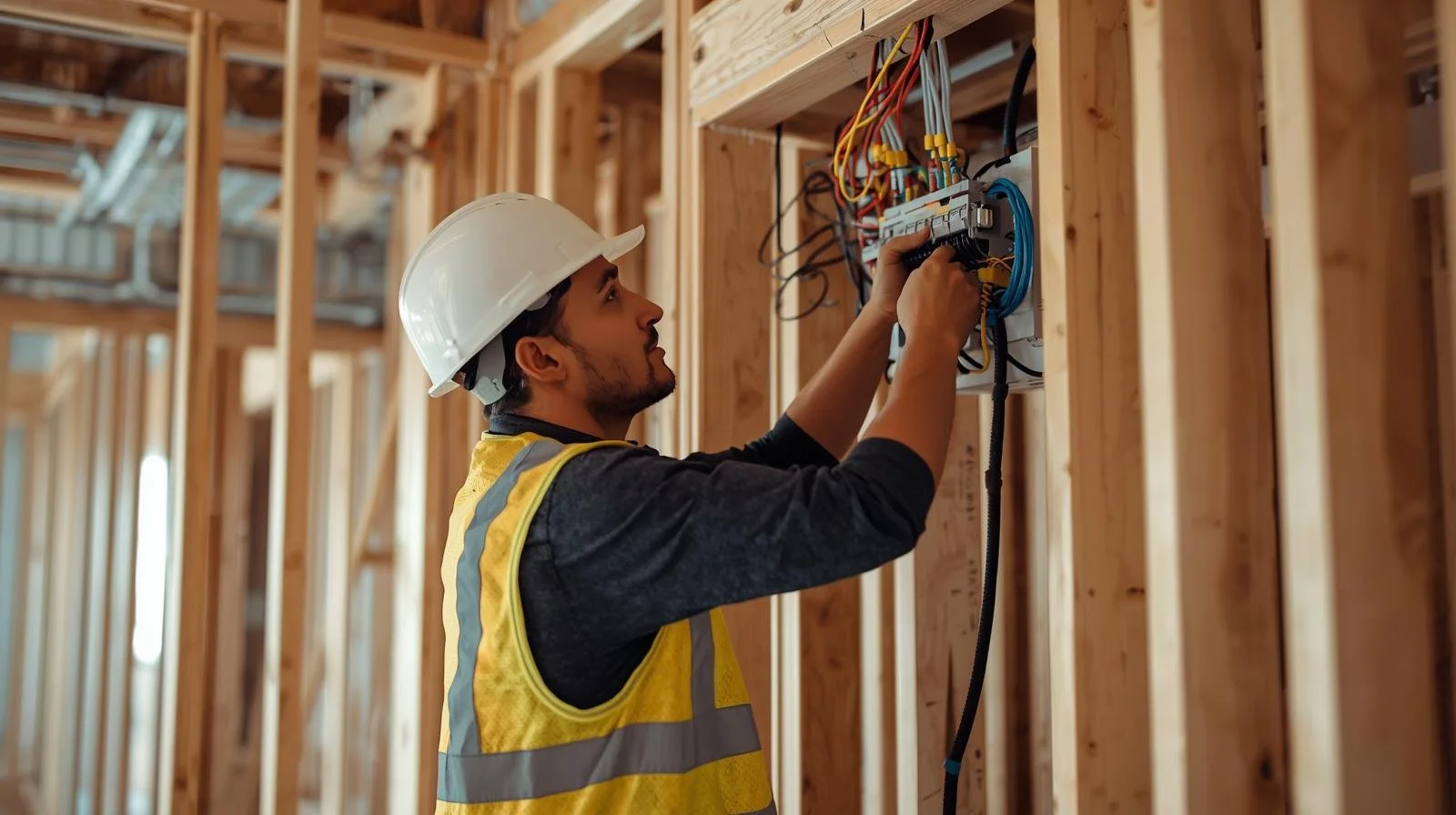 A man wearing a white safety helmet and yellow safety vest installing electrical wiring inside a wooden framed building.