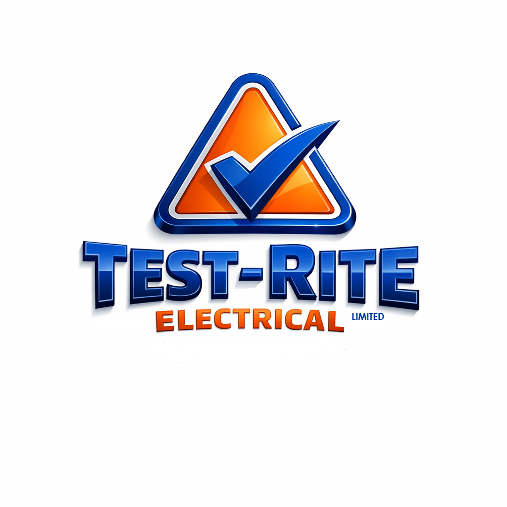 Logo for Test-Rite Electrical Limited featuring a blue checkmark inside an orange triangle and the company name in bold blue and orange letters.