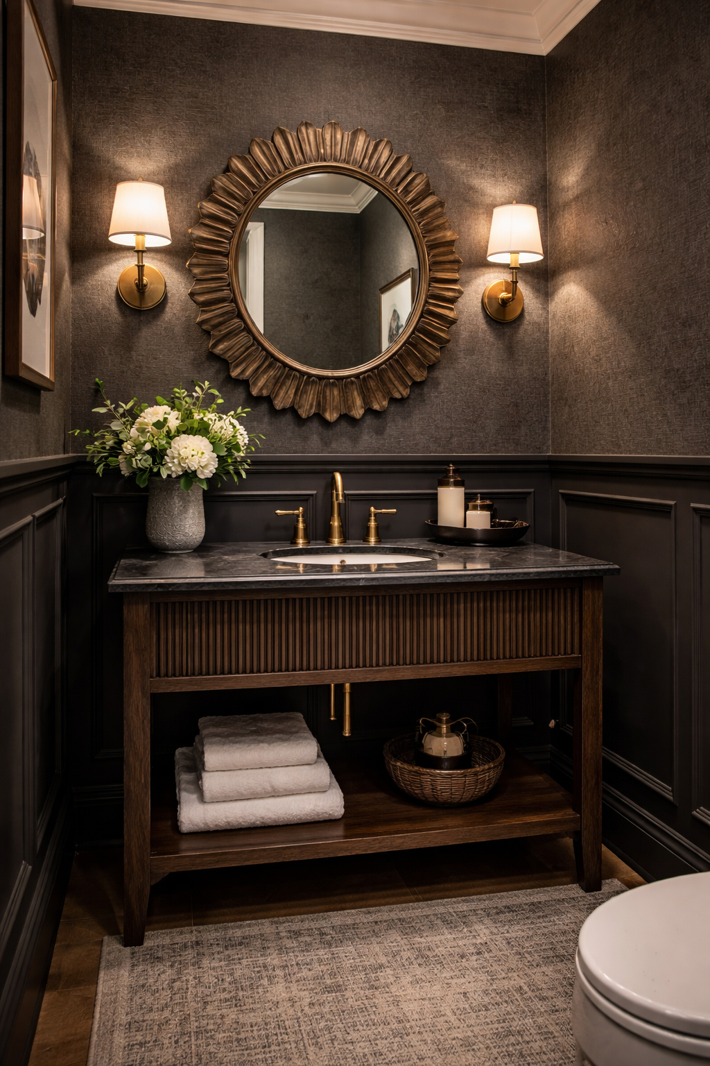 A stylish bathroom with dark gray walls, a large round decorative mirror, and two wall sconces with white shades. There is a wooden vanity with a black marble top, a white sink, gold fixtures, and a vase with white flowers. Folded towels and candles sit on the vanity, and a basket is underneath.