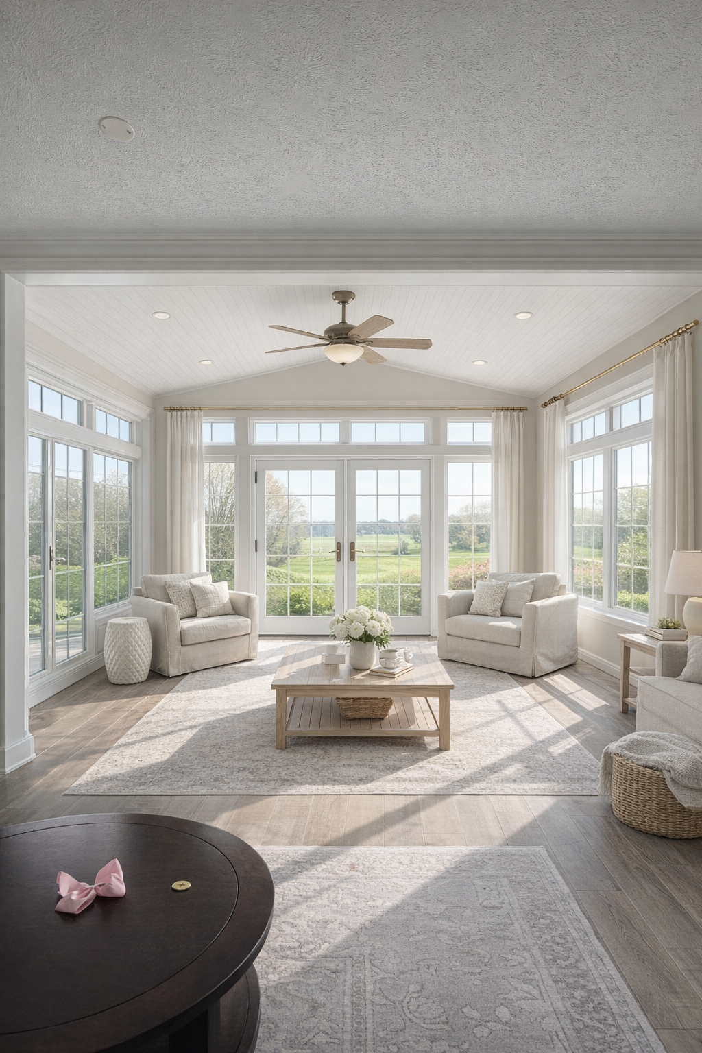 Bright sunlit living room with large windows, white sofas, a wooden coffee table with a flower arrangement, and a view of green fields outside.