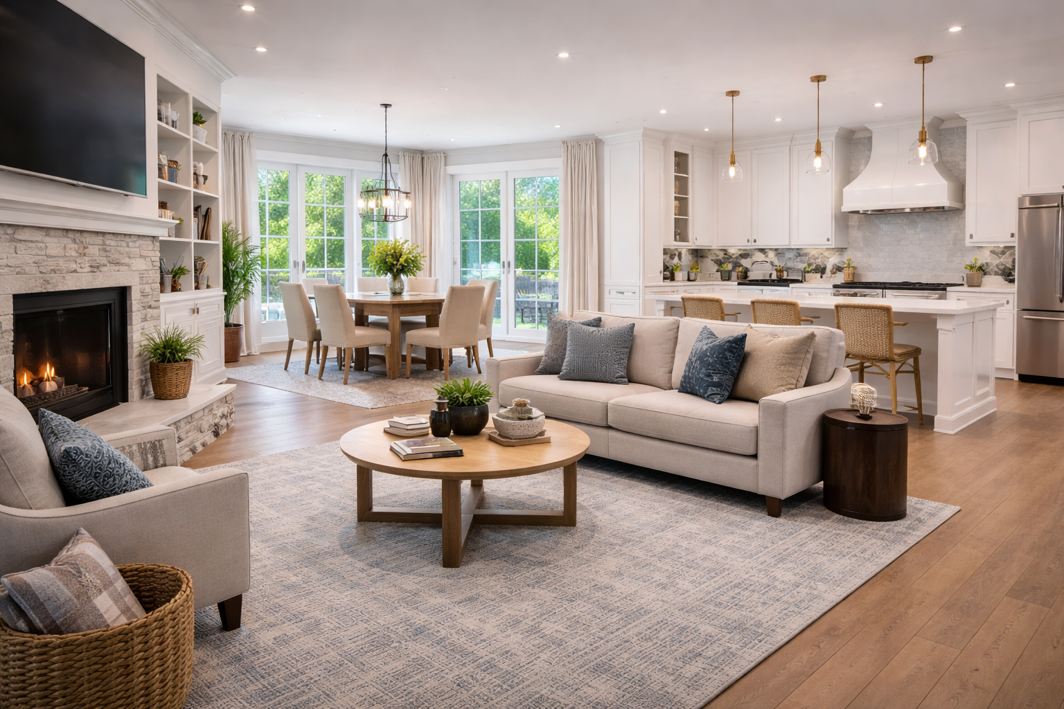 Spacious open-concept living room and kitchen with white cabinetry, a beige sofa, and a dining area near large windows.