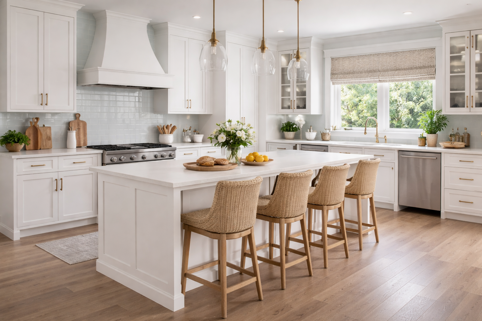 Bright, white kitchen with a large island, four wicker bar stools, a window with a beige Roman shade, and various plants and kitchen accessories.