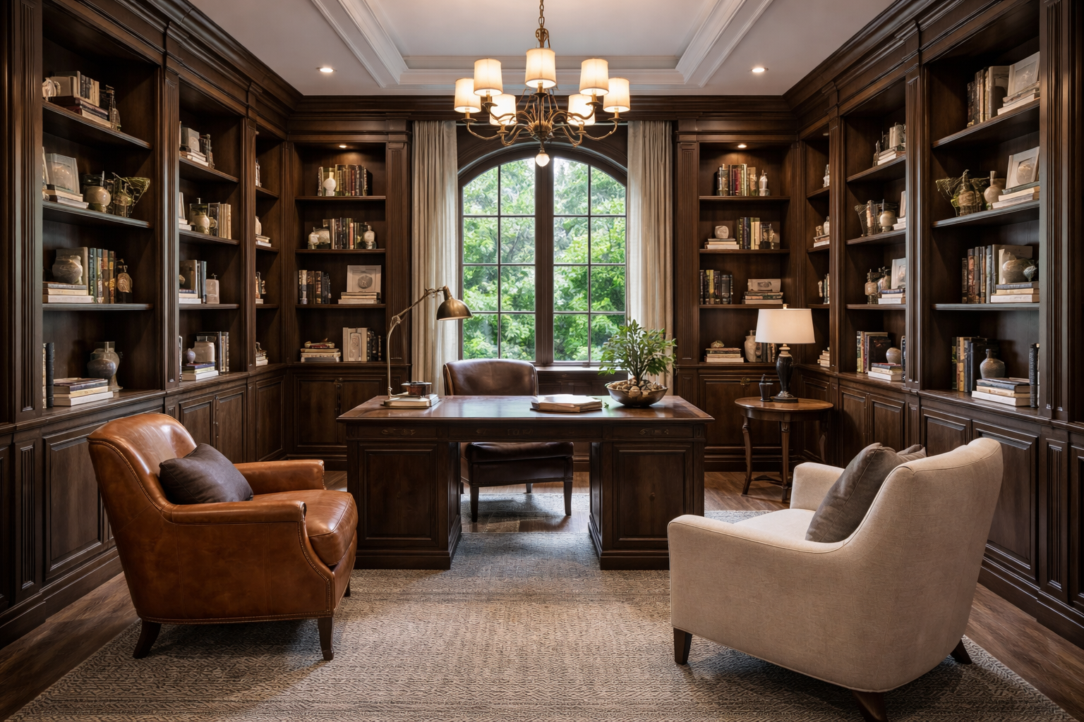 A traditional home library with dark wood-paneled walls, built-in shelves filled with books and decorative items, a large window with outside greenery, a vintage-style desk with a leather chair, a beige armchair, a brown leather armchair, and soft lighting from a chandelier and table lamps.