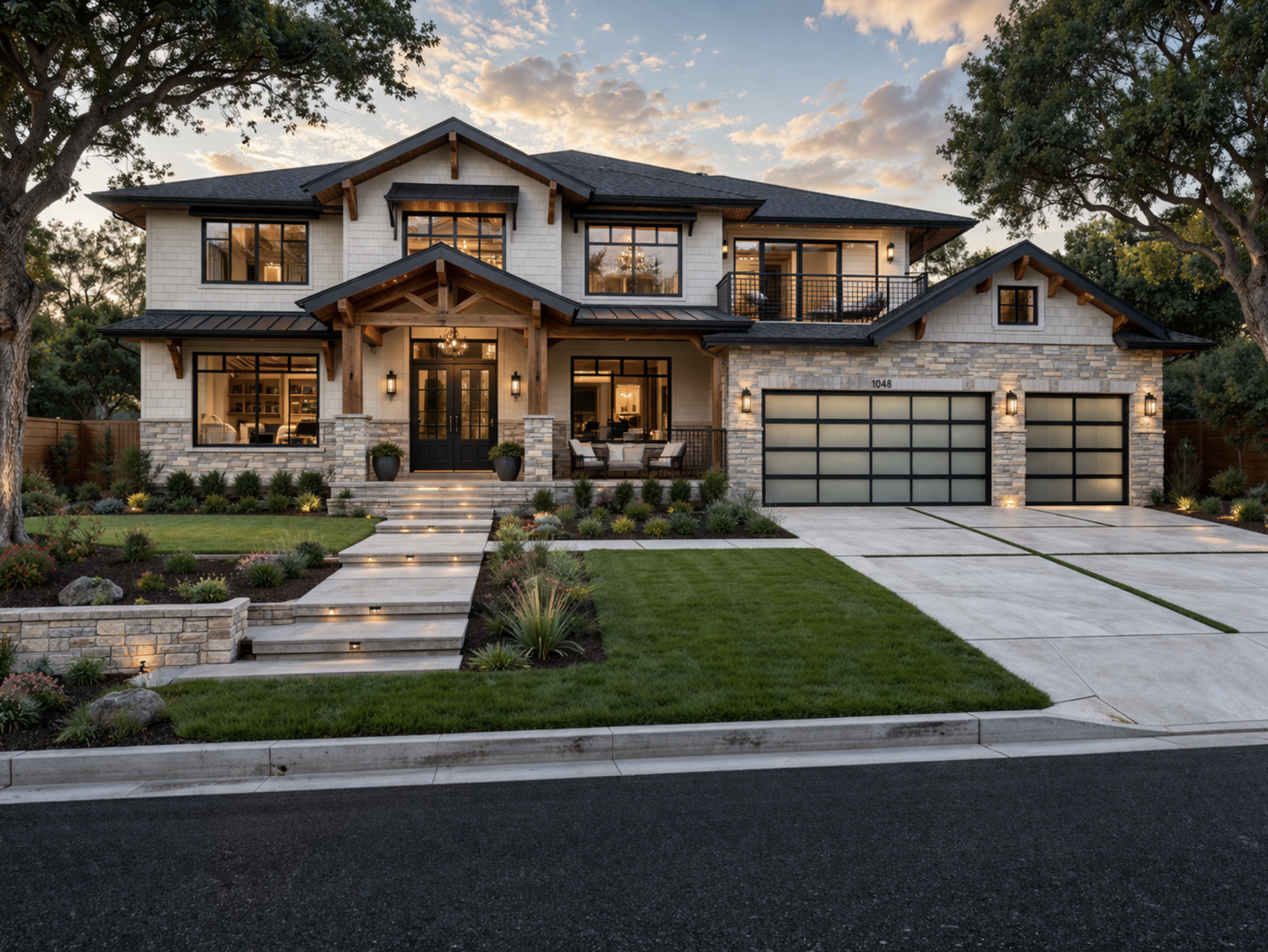 Modern two-story house with stone and white exterior, large windows, landscaped front yard, concrete driveway, and mounted outdoor lighting, during sunset.