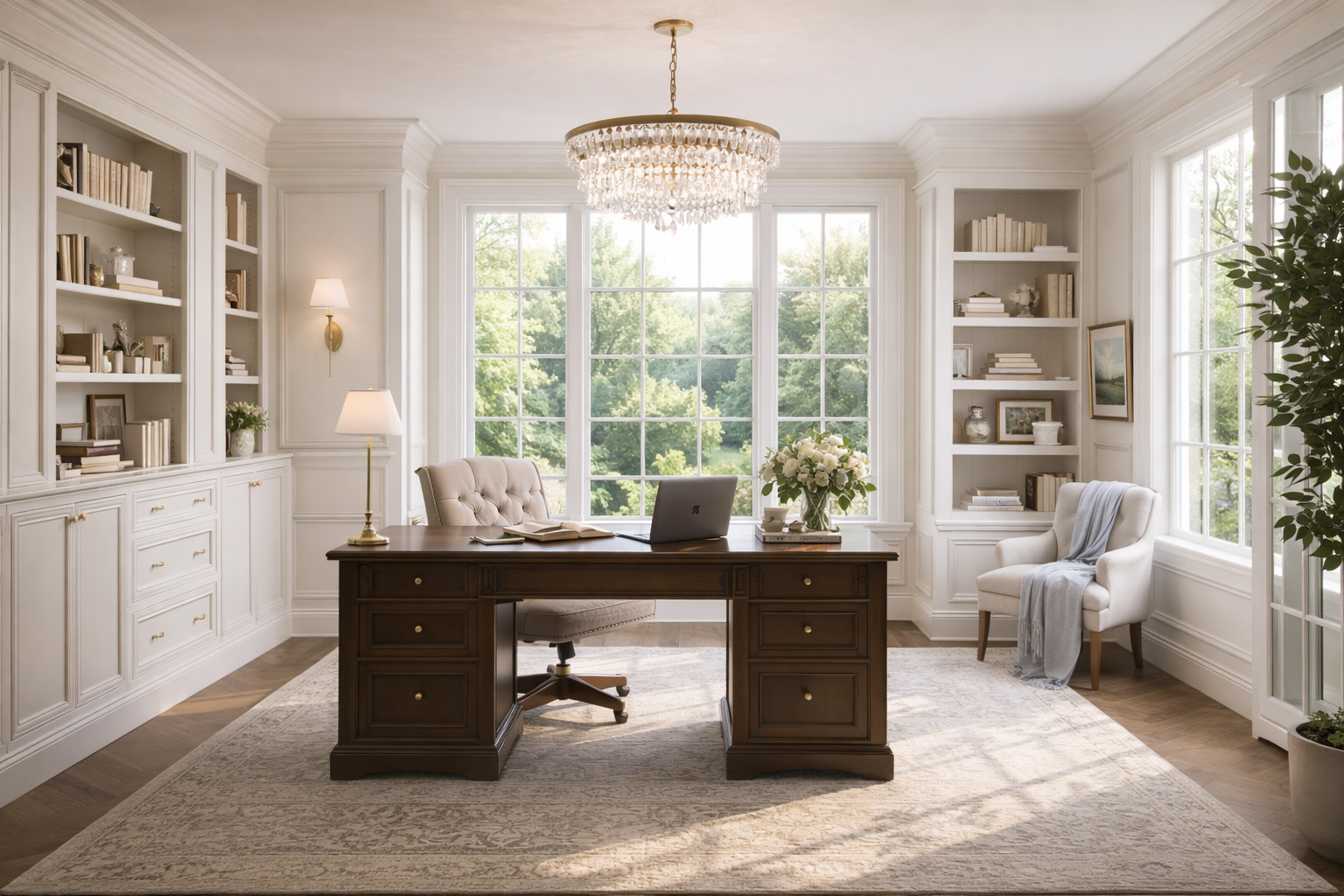 Bright, elegant home office with large windows overlooking greenery, a wooden desk with a laptop and bouquet, white built-in bookshelves, a tufted armchair, a white upholstered chair with a throw, and a crystal chandelier.