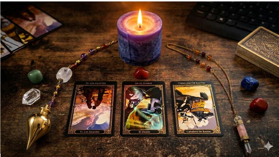 Configuración de tarot con cartas, vela encendida, cristales y accesorios en una mesa de madera.