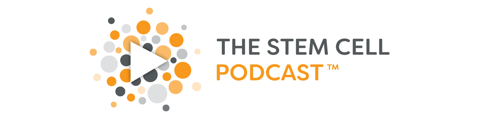 Logo for The Stem Cell Podcast featuring a play button icon surrounded by orange and gray circles.