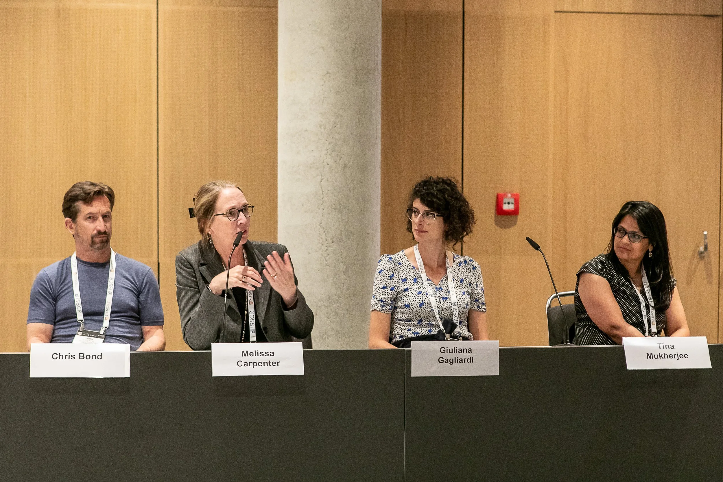 Four people sitting at a panel discussion with name tags, in front of a black table, against a wooden-paneled wall. The second person from the left is speaking.
