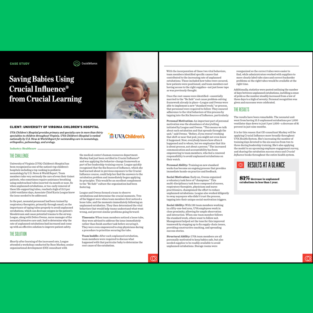 Two-page case study about saving babies using Crucial Influence, including client details, industry, challenge, solution, and results, with a picture of a smiling baby on the left page.