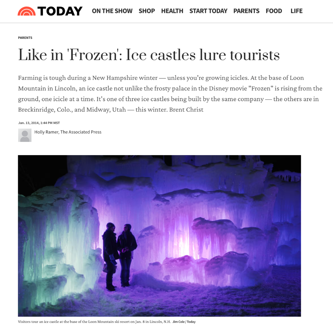 People tour an ice castle illuminated with purple and green lights at the base of Loon Mountain in Lincoln, New Hampshire as part of a Jan. 13, 2014 article on Today.com titled, "Like in Frozen: Ice Castles lure tourists" written by Holly Ramer. 