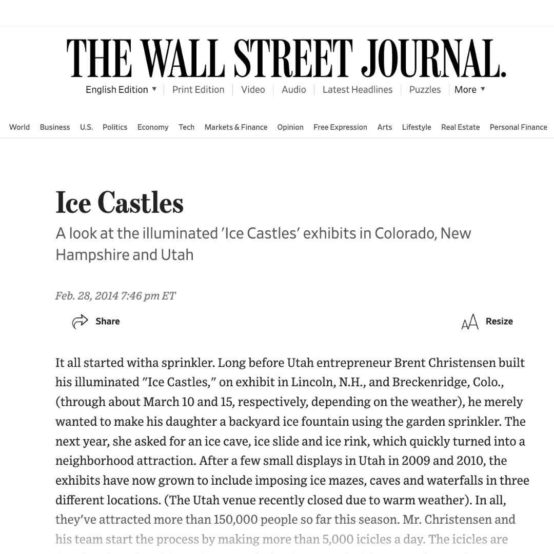 Screenshot of a Wall Street Journal article titled 'Ice Castles' about illuminated ice exhibits in Colorado, New Hampshire, and Utah, dated Feb. 28, 2014.