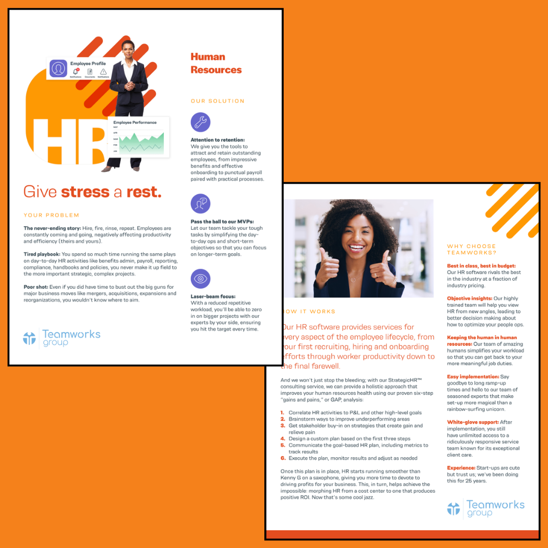 Two-page corporate flyer for Human Resources solutions by Teamworks Group, featuring a woman smiling and giving thumbs up, with orange and white background and various service descriptions.