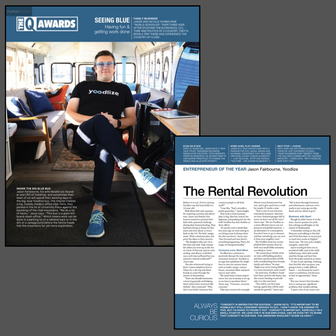 A magazine spread with the headline "The Rental Revolution," featuring an interview with and photo of Yoodlize CEO Jason Fairbourne sitting in a bus interior. The article names Fairbourne "Entrepreneur of the Year."