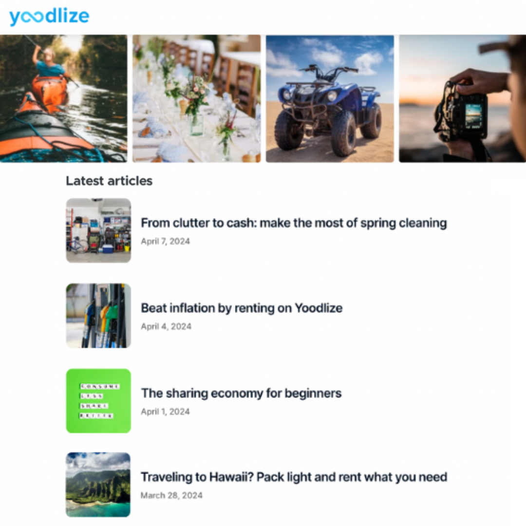 Screenshot of the blog on the Yoodlize website with a list of latest articles about spring cleaning, rental inflation, sharing economy, and travel tips.