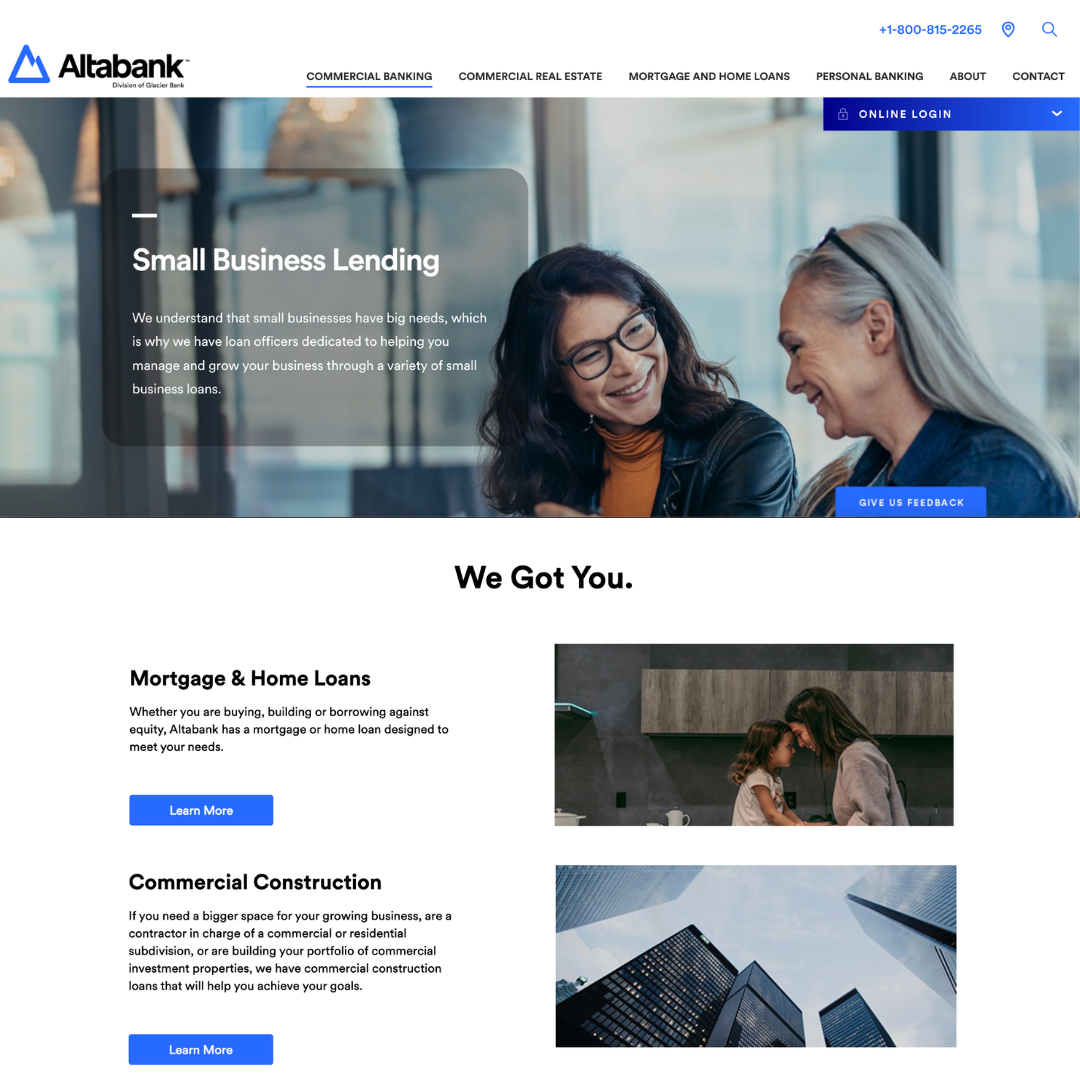 Screenshot of Altabank's website homepage, including sections for small business lending, mortgage and home loans, and commercial construction, featuring images of two women smiling and a cityscape.