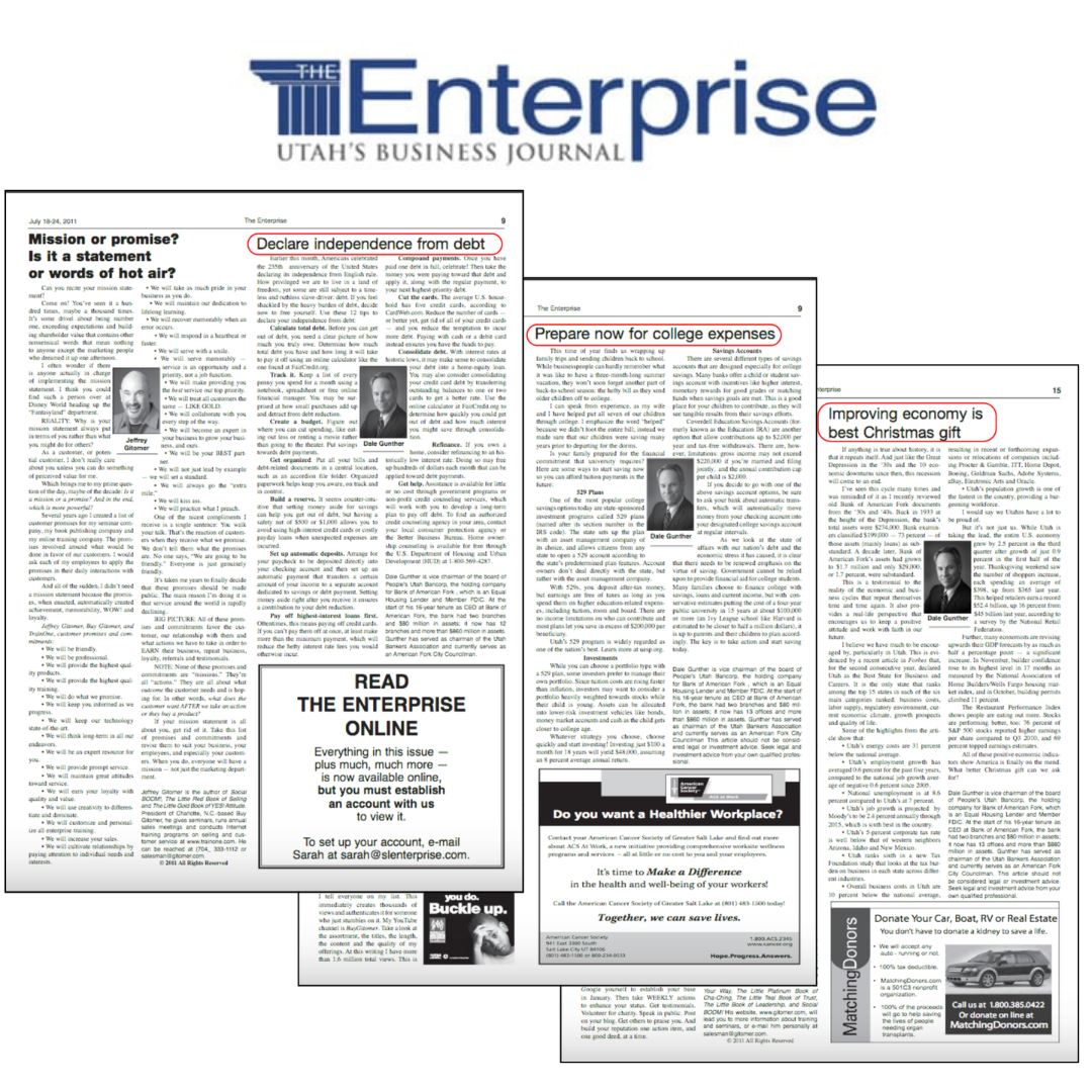 Pages from printed editions of The Enterprise: Utah's Business Journal with article headlines about debt independence, college expenses, and economy under the byline of a bank executive.