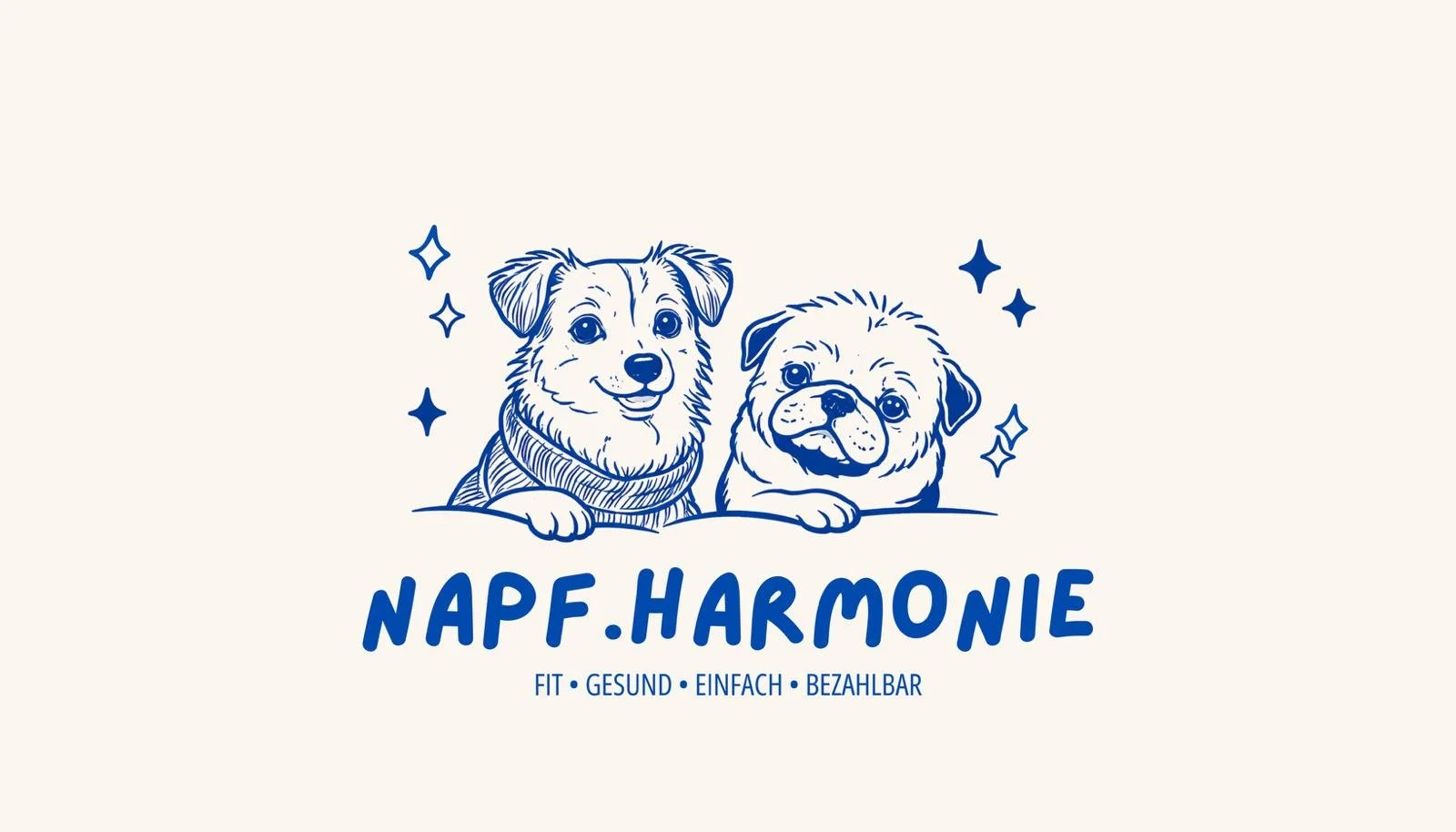 Logo von Napf.Harmonie – Hundeernährungsberatung Mainz mit Illustration von zwei fröhlichen Hunden. Fit. Gesund. Einfach. Bezahlbar.