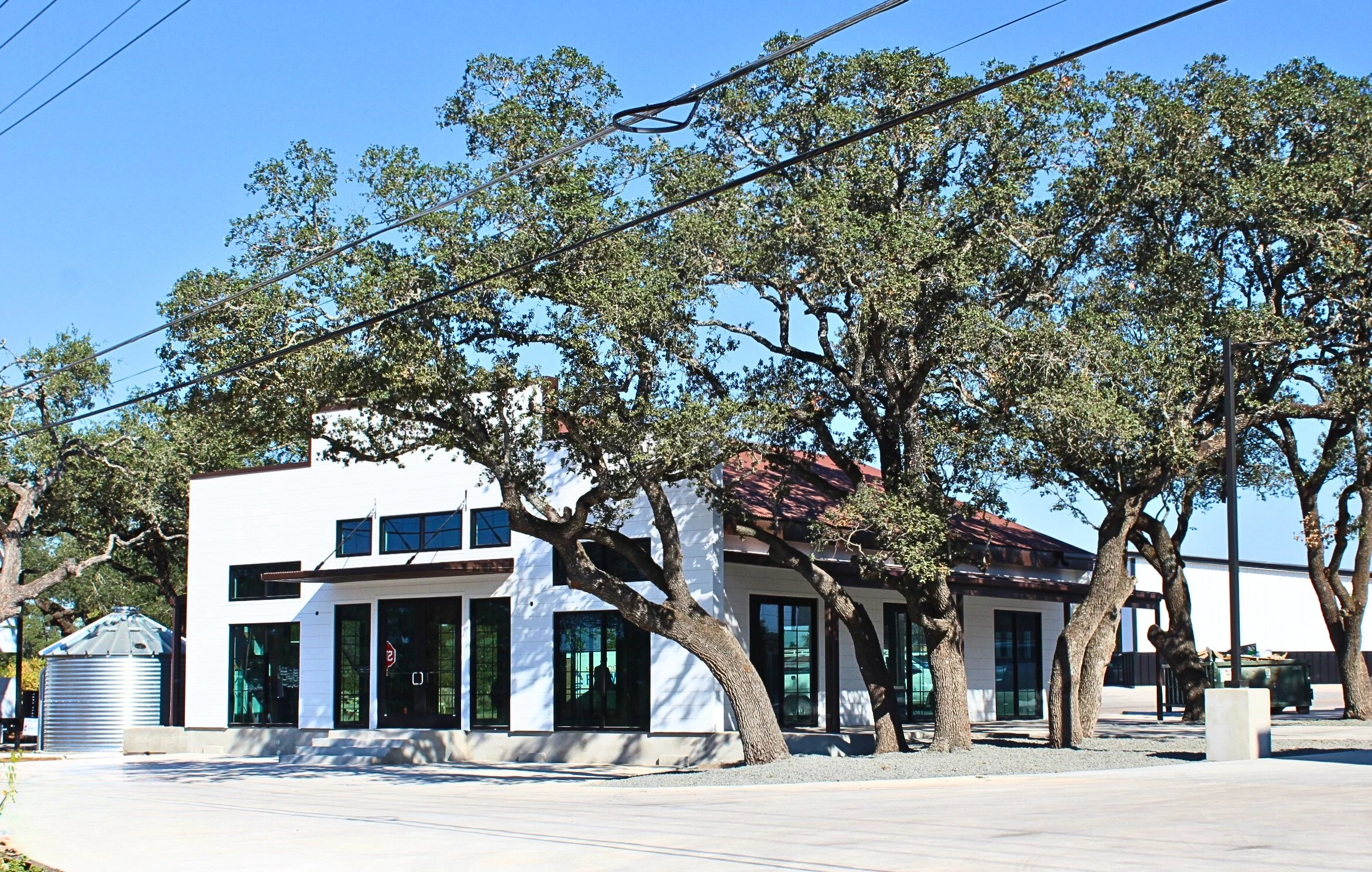 Modern white building with large glass windows, surrounded by tall trees, under a clear blue sky.