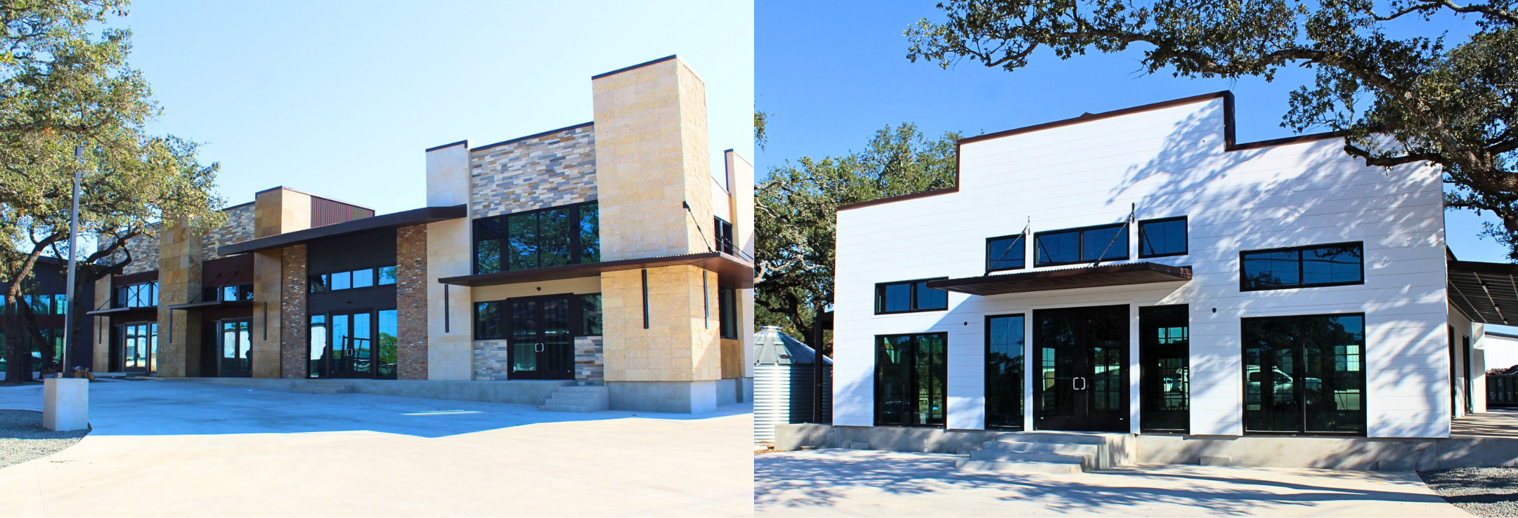 Comparison of two modern commercial buildings: the left building has a mixed stone and brick exterior with large glass windows, while the right building has a white siding exterior with black-framed windows; both are set in a shaded outdoor area with trees.