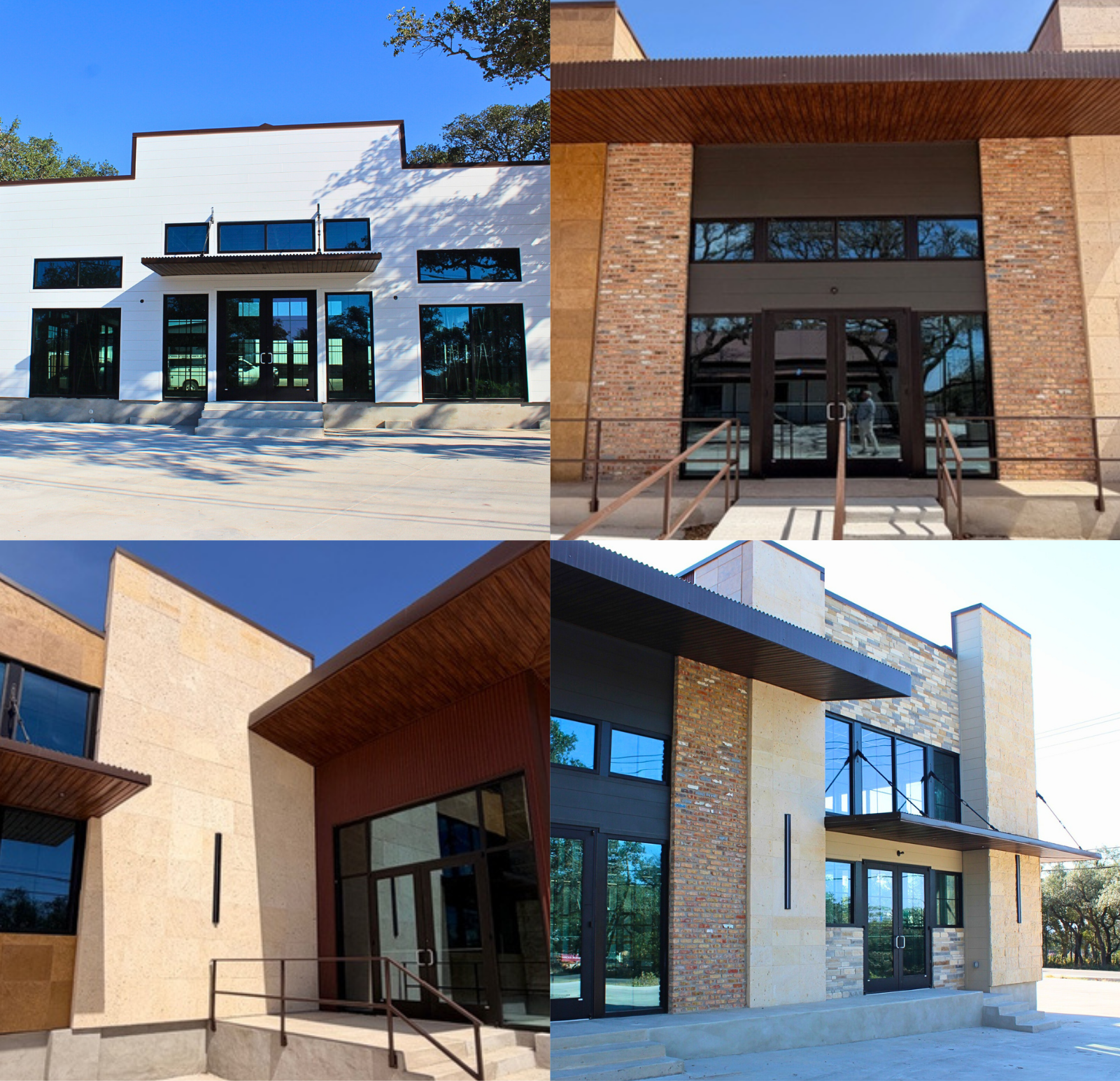 Collage of four modern commercial building facades with varied architectural styles, materials, and large glass windows.