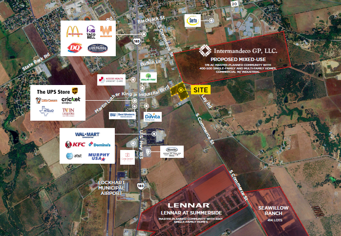 A detailed map shows various commercial and industrial locations around S Luther King Jr Blvd and S Commerce St, including Lennar at SumerSide, Lockhart Municipal Airport, and many fast food and retail stores like McDonald's, Taco Bell, KFC, Domino's, and Walmart. The map highlights a proposed mixed-use site by Interndemco GP, LLC, near the industrial area.