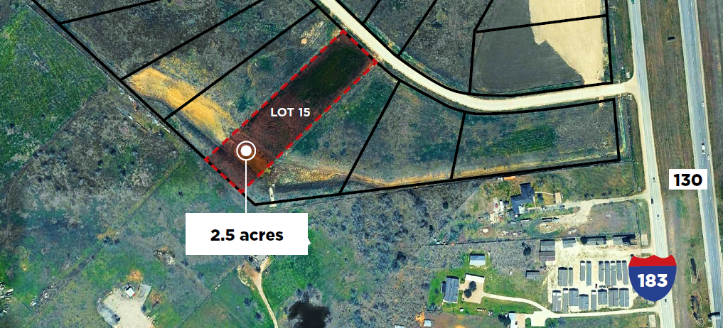 Aerial view of a 2.5-acre lot labeled 'LOT 15' outlined in red, with nearby roads and properties, including highway 183 and road 130.