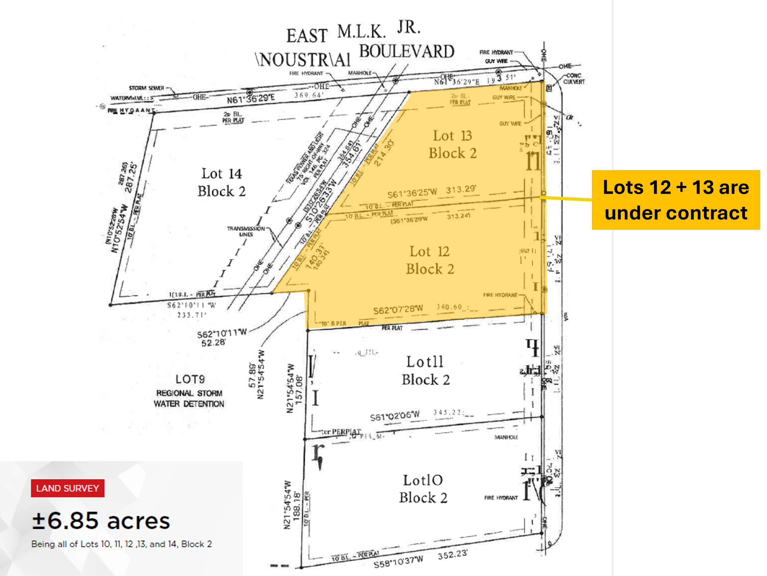 A detailed land survey map showing lots 10, 11, 12, 13, and 14 in Block 2, with lots 12 and 13 highlighted in yellow and marked as under contract, indicating an area of approximately 6.85 acres.
