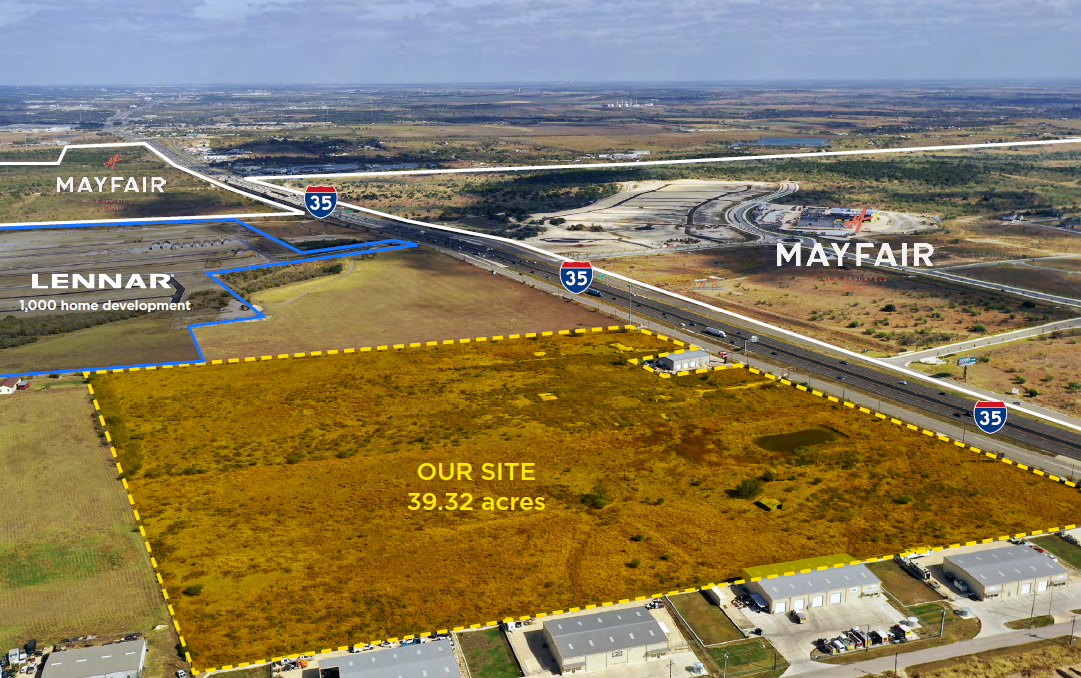 An aerial view of a large undeveloped plot of land, labeled 'Our Site 39.32 acres,' with surrounding developments including a Mayfair shopping center, a Lennar housing community with 1,000 homes, and nearby highways I-35 and other roads in a suburban area.