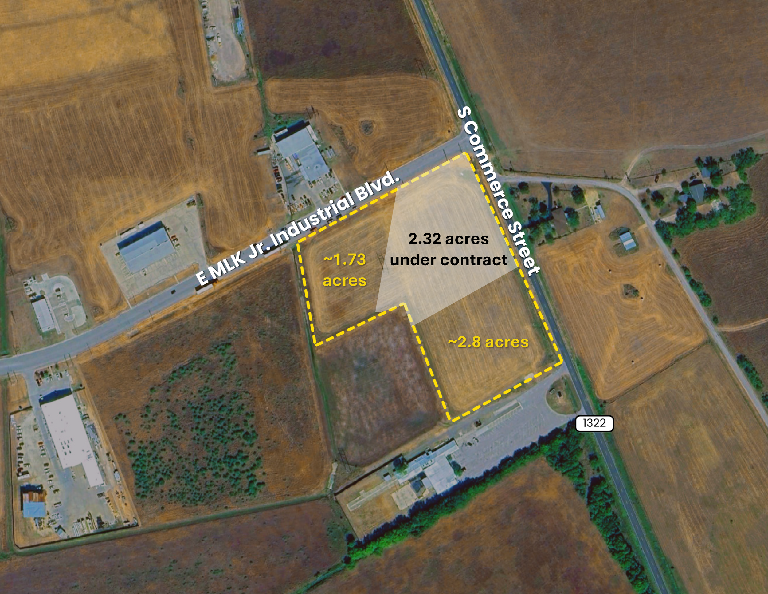 Satellite view of a rural area with fields, roads, and some buildings. There is a marked area indicating 2.32 acres under contract, with additional boundary lines and measurements.