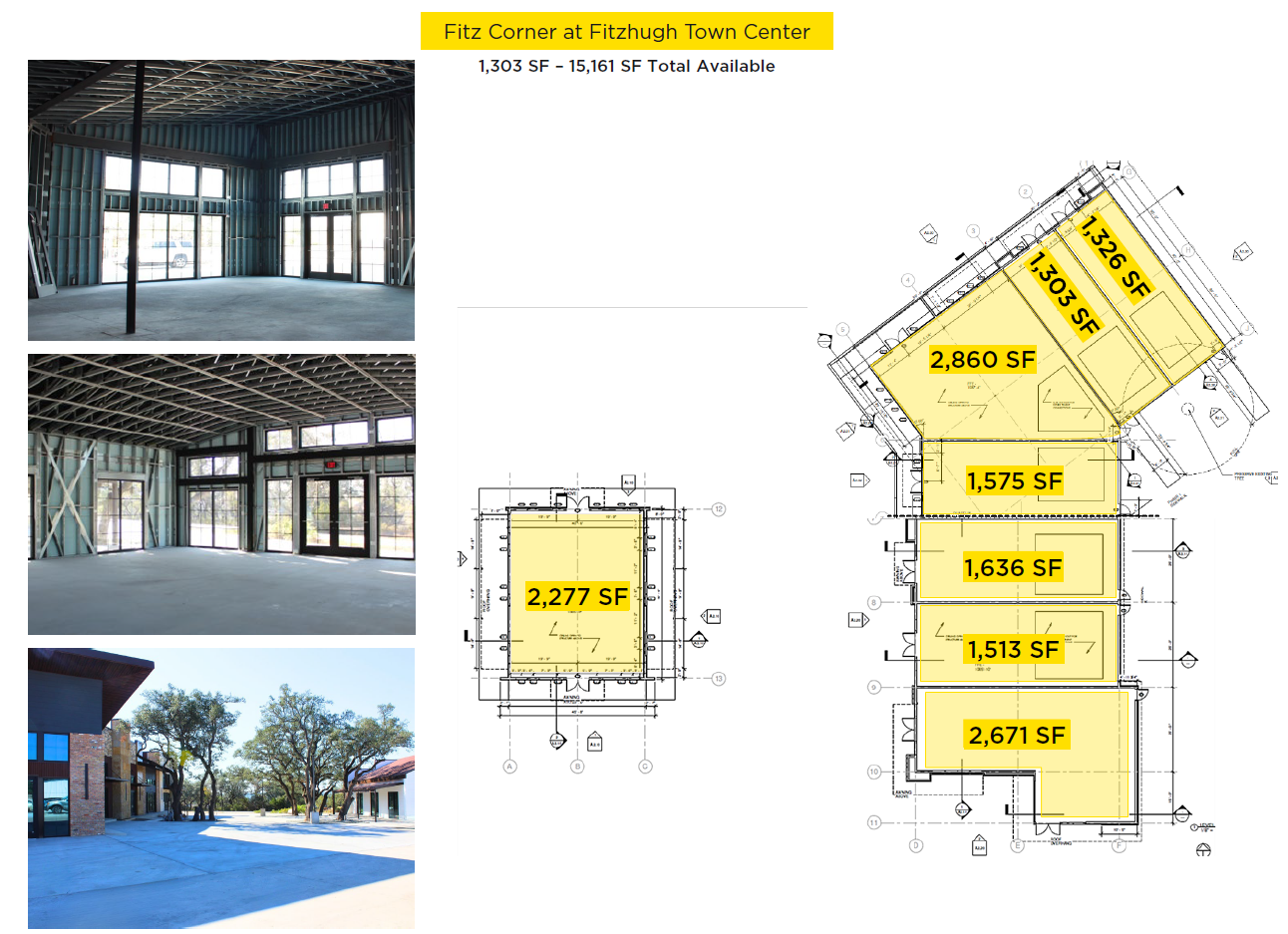 Floor plan and interior photos of a commercial building under construction, with highlighted areas showing different square footage measurements, and an exterior view of a completed building with trees.