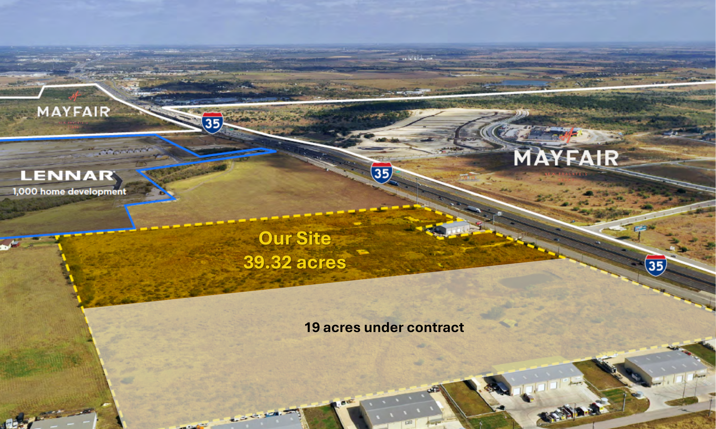 Aerial view of land plots near Mayfair and Lennar developments along Interstate 35, with 39.32 acres marked as our site and 19 acres under contract.