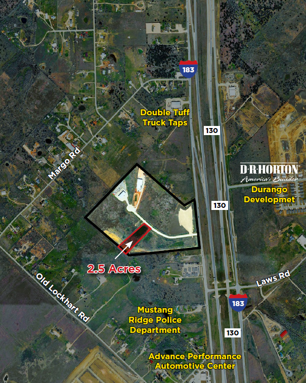 Aerial map showing a 2.5-acre plot outlined in black, located near highways 183 and 130. Nearby landmarks include Double Tuff Truck Taps, D.R. Horton Durango Development, Mustang Ridge Police Department, and Advance Performance Automotive Center.